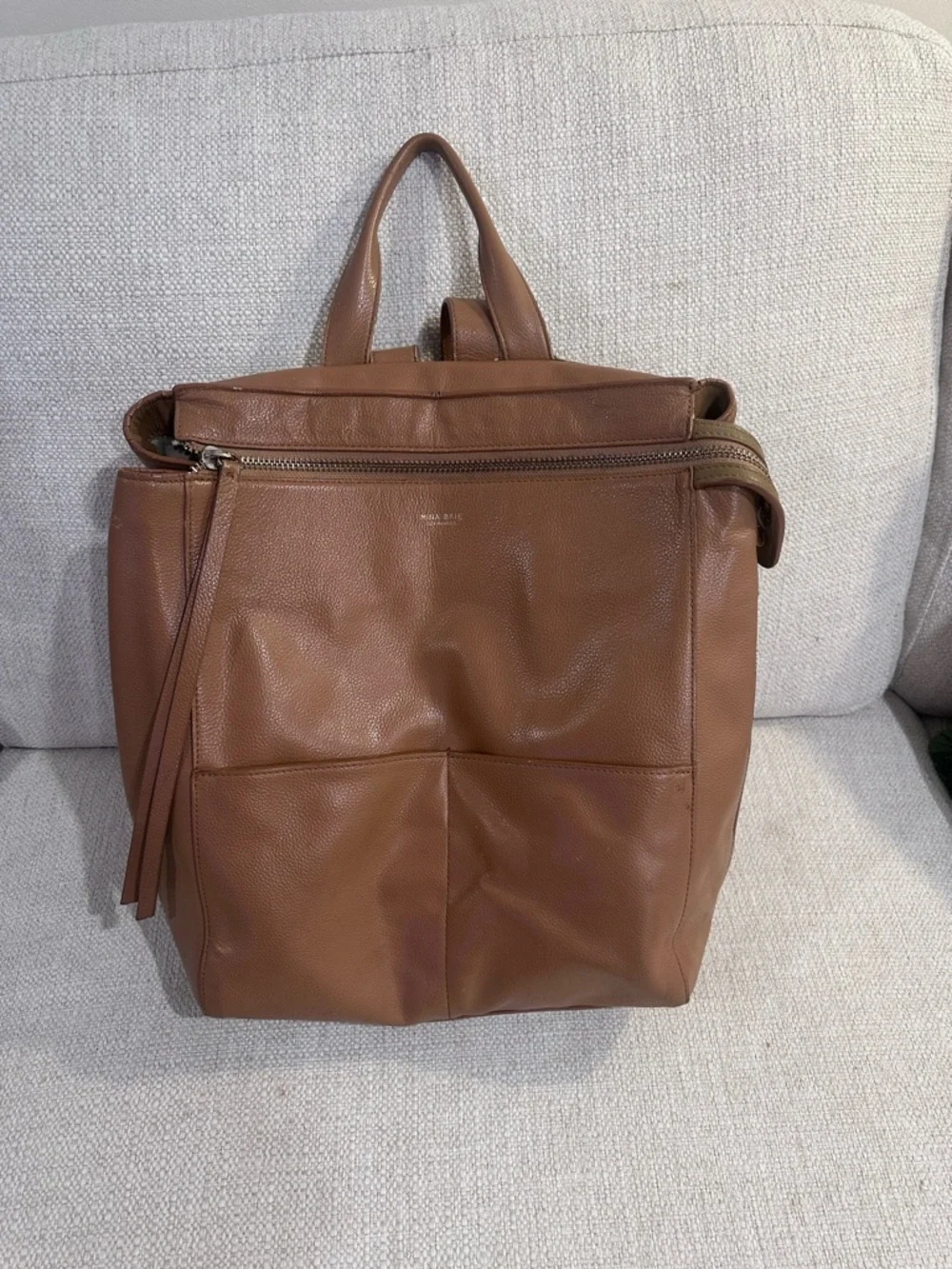 Mina Baie Leather Harper Baby Bag in Tan & Neoprene diaper changing pad